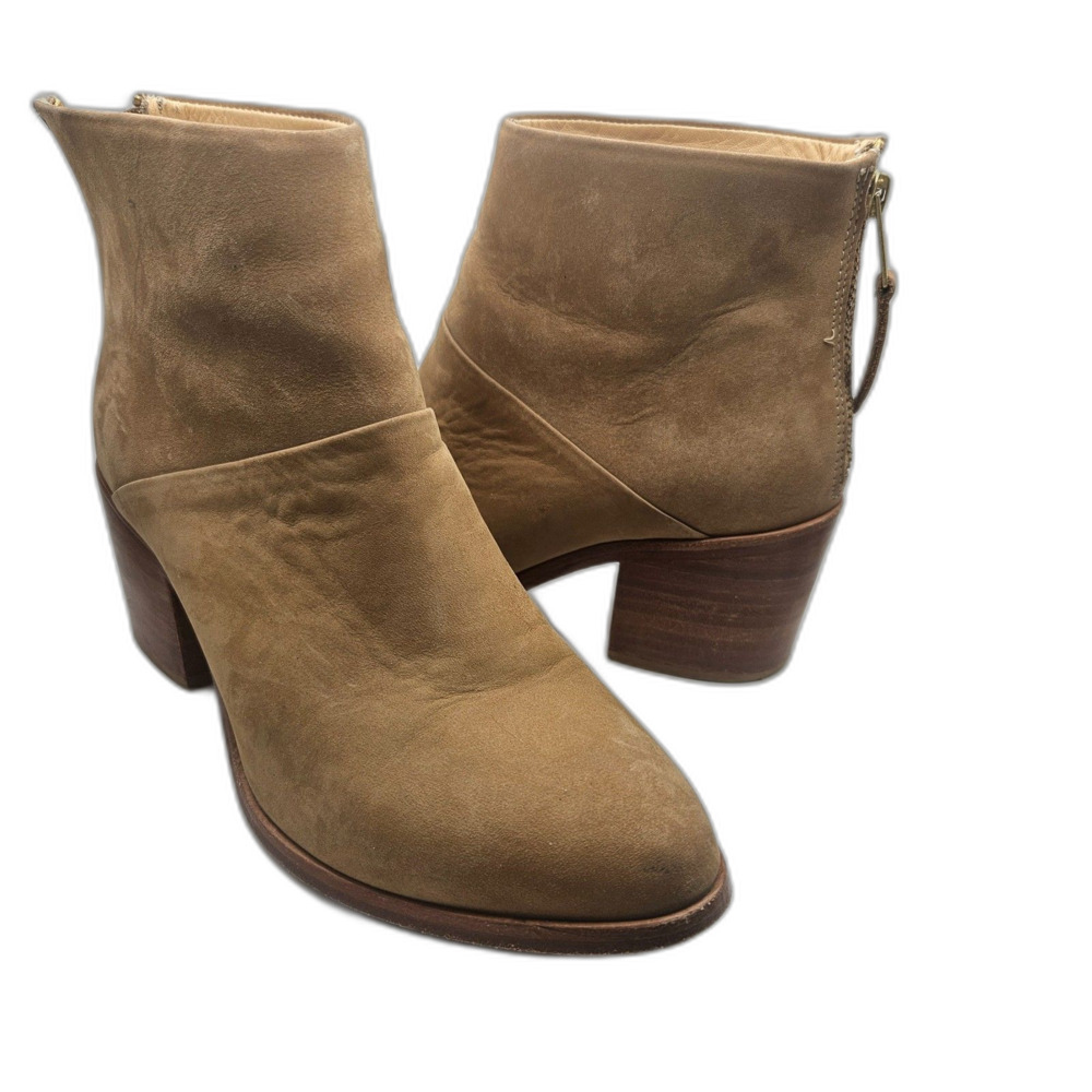 NISOLO Dari Commuter Leather Booties Sz 6.5 Nubuck Block Heel ALmond toe Tan